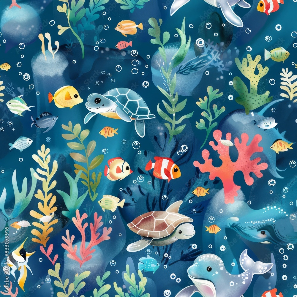 seamless underwater pattern coral with fish, turtles, and dolphins seamless underwater pattern coral with fish, turtles, and dolphins