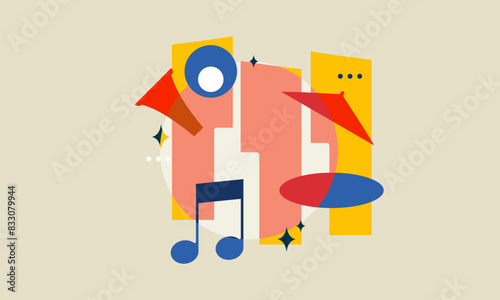 Jazz music. Concert instruments, posters with piano, saxophone
