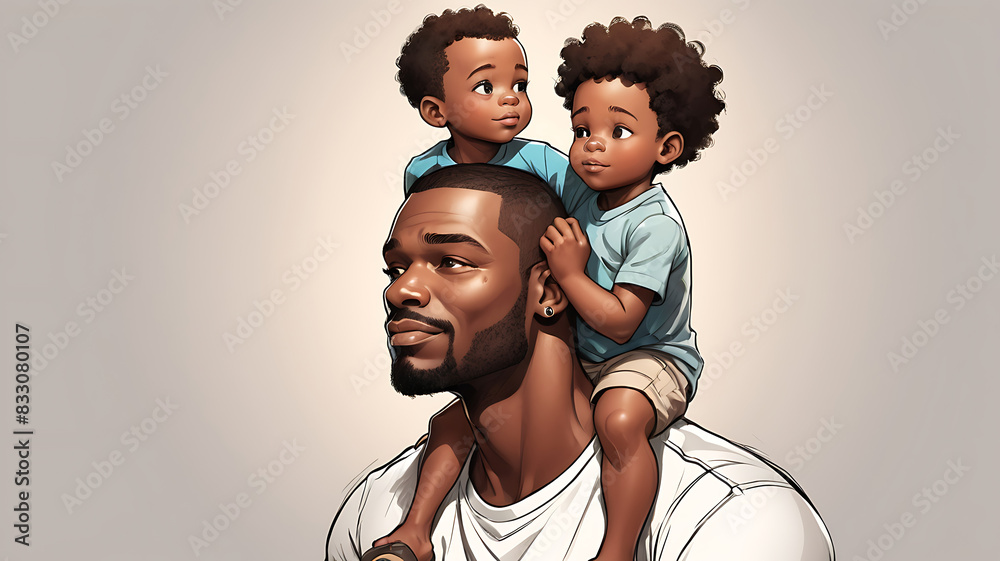 Obraz premium Abstract Cartoon sketch Illustration of African American father carrying his little son on shoulders. Concept of Father's Day, fathers love concept 