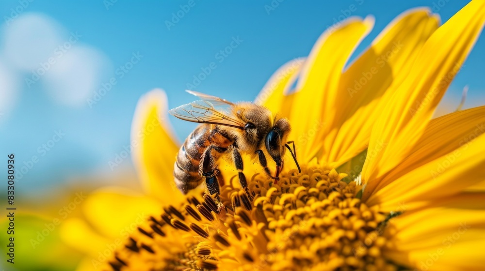 Bee sunflower. honey bee pollinating sunflower plant
and perfect light background Bee sunflower. honey bee pollinating sunflower plant
and perfect light background