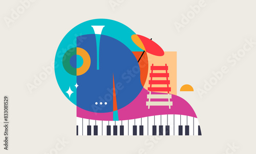 Jazz music. Concert instruments, posters with piano, saxophone