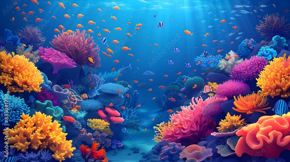 Fototapeta premium Vibrant and Diverse Marine Ecosystem with Colorful Coral Reefs and Tropical Fish Swimming in the Tranquil Blue Waters of the Ocean