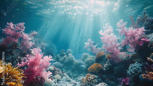 Serene Underwater Coral Reef Landscape with Vibrant Marine Life and Calming Sunlight Rays