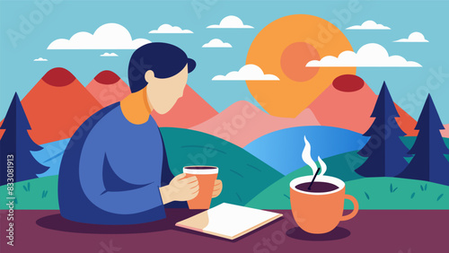 With each sip of coffee and sentence written I feel more in tune with nature and the sunrise in my journal.. Vector illustration