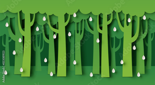 Trees in rainforest scenery. Natural Eco Forest Background. paper cut and craft style. vector, illustration.