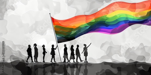 Group of diverse people holding a rainbow flag.