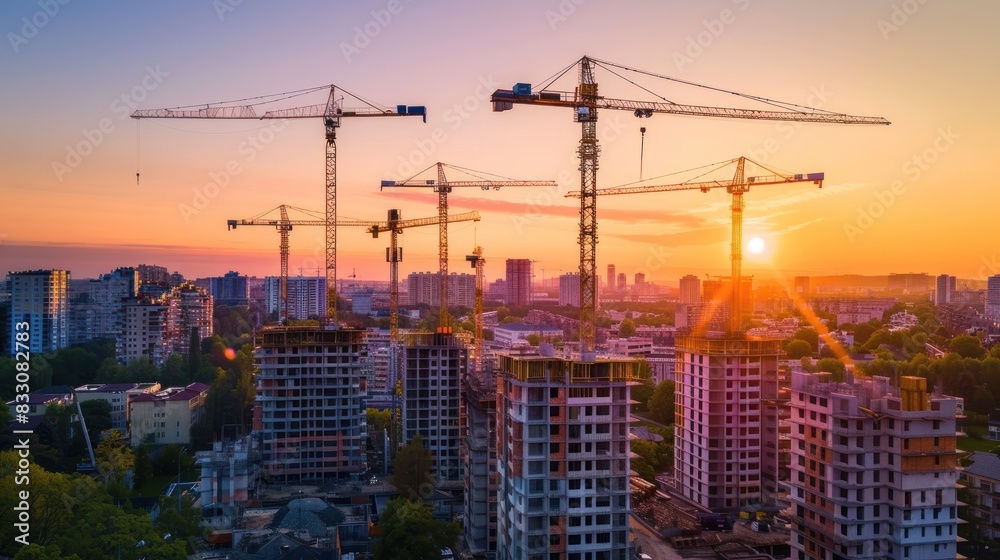 residential building construction site during a vibrant summer sunset. residential building construction site during a vibrant summer sunset.