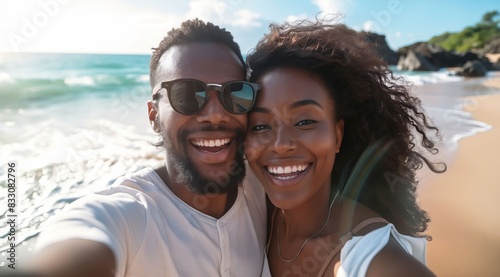 Wallpaper Mural A young couple taking a selfie on the beach. Torontodigital.ca