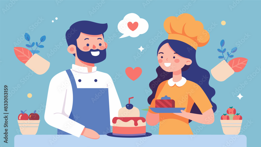 A man and woman smile sheepishly at each other as they attempt to decorate a cake in a fancy cooking workshop both secretly hoping they impress the. Vector illustration A man and woman smile sheepishly at each other as they attempt to decorate a cake in a fancy cooking workshop both secretly hoping they impress the. Vector illustration