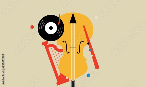 Jazz music. Concert instruments, posters with piano, saxophone