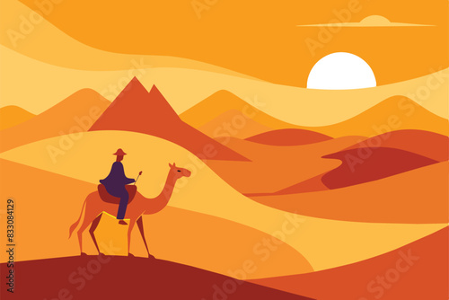 Camel Rider Crossing Vast Desert Hill Arabian Landscape vector illustration