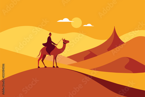 Camel Rider Crossing Vast Desert Hill Arabian Landscape vector illustration