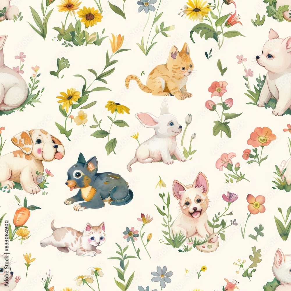 seamless pattern of cartoon animal puppies, kittens, and baby farm friends with wildflowers