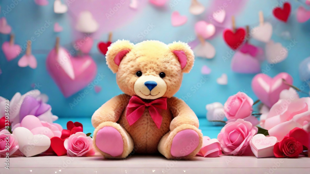 A teddy with stunning valentine's background and rosess concept by teddy day