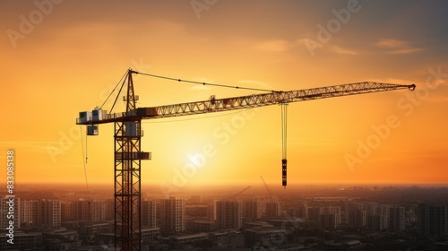 Silhouette of big crane and building construction 
