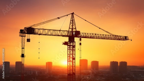 Silhouette of big crane and building construction 