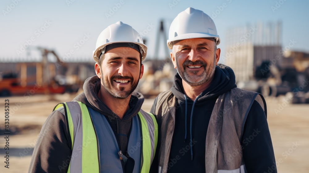Obraz premium Two happy smiling workers looking at camera , construction site background. 