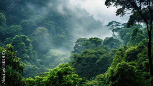 view of tropical forest with fog in the morning during the rainy season 