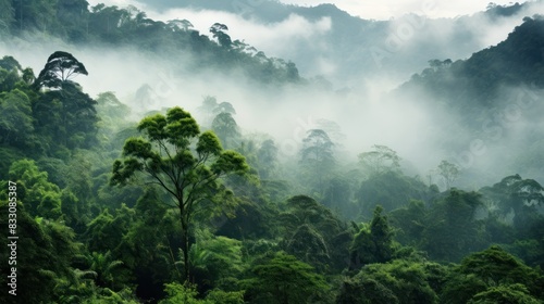 view of tropical forest with fog in the morning during the rainy season 