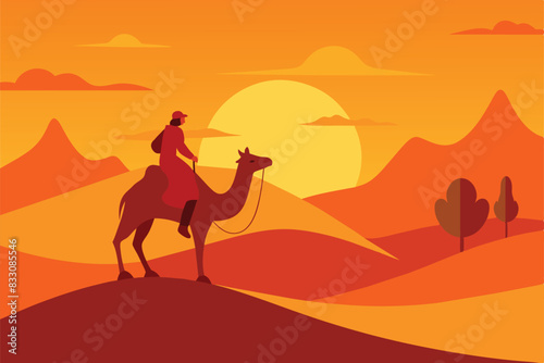 Camel Rider Crossing Vast Desert Hill Arabian Landscape vector illustration