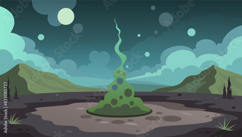 An eerie mist hovering over a peat bog where ancient organic matter slowly decomposes and releases ane gas used to generate energy.. Vector illustration
