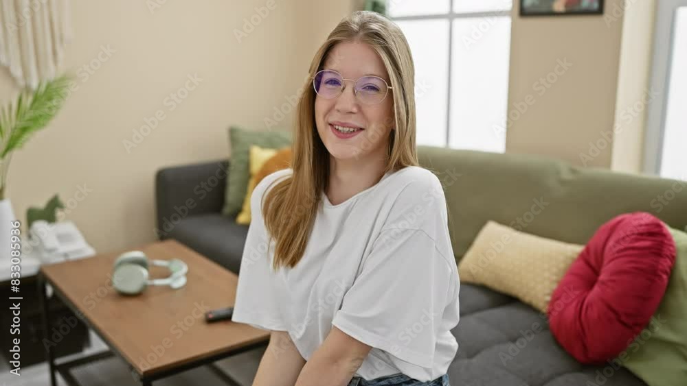 A cheerful blonde woman wearing glasses poses in a modern living room, exuding casual elegance and warmth. A cheerful blonde woman wearing glasses poses in a modern living room, exuding casual elegance and warmth.