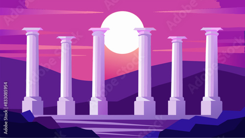 Striking silhouettes of giant white pillars against a pink and purple sunset.. Vector illustration
