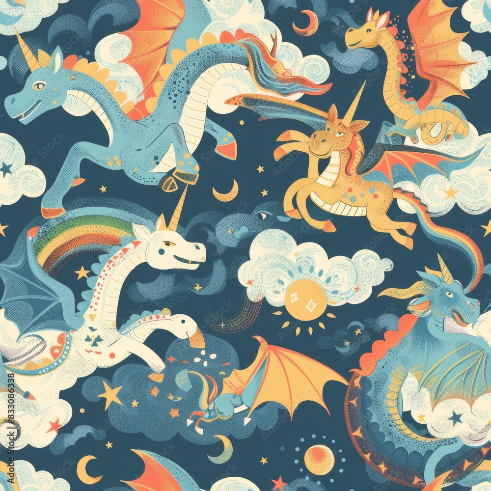 seamless pattern of friendly dragons, unicorns, and griffins seamless pattern of friendly dragons, unicorns, and griffins