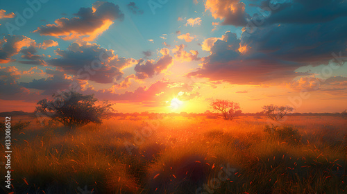 An ultra HD view of a nature savanna at sunrise, the sky glowing with vibrant colors and the grass bathed in golden light