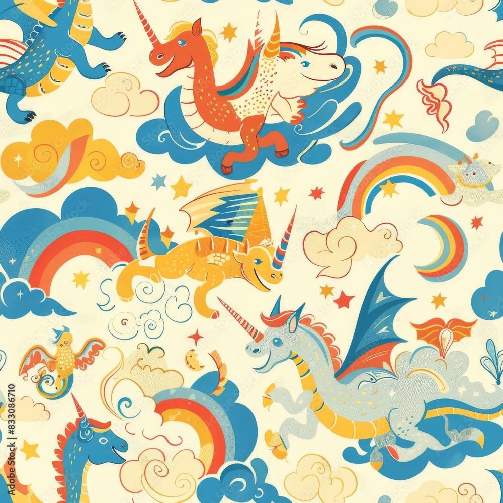 seamless pattern of friendly dragons, unicorns, and griffins seamless pattern of friendly dragons, unicorns, and griffins