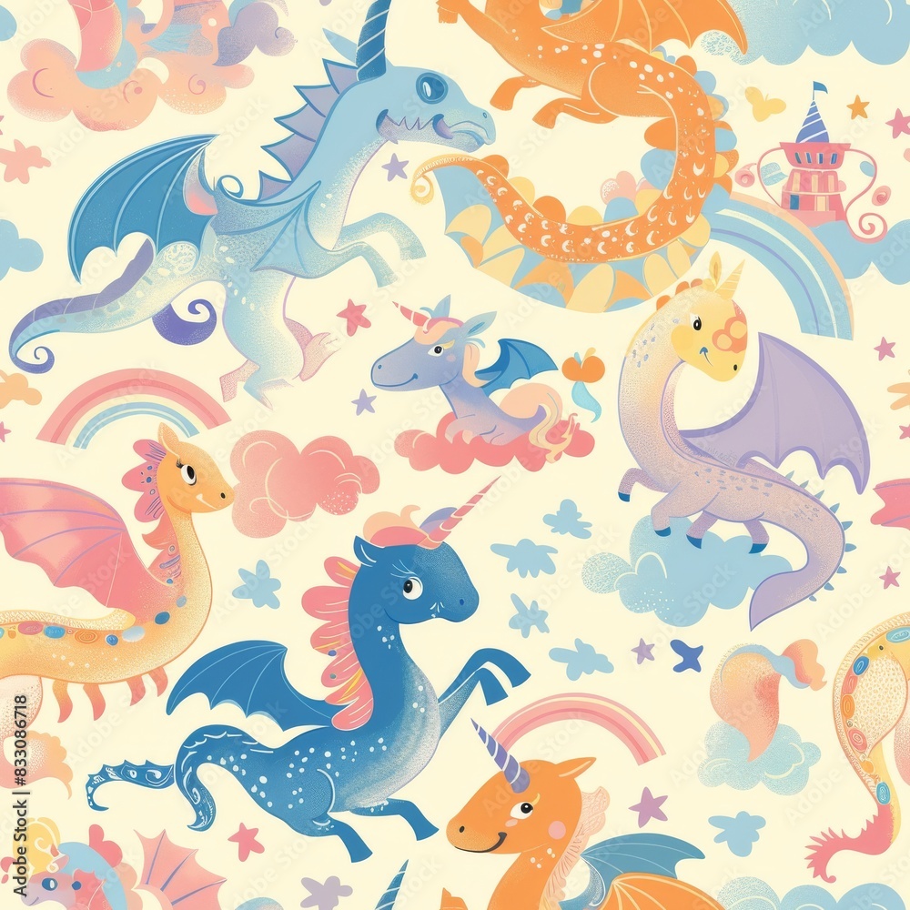 seamless pattern of friendly dragons, unicorns, and griffins seamless pattern of friendly dragons, unicorns, and griffins
