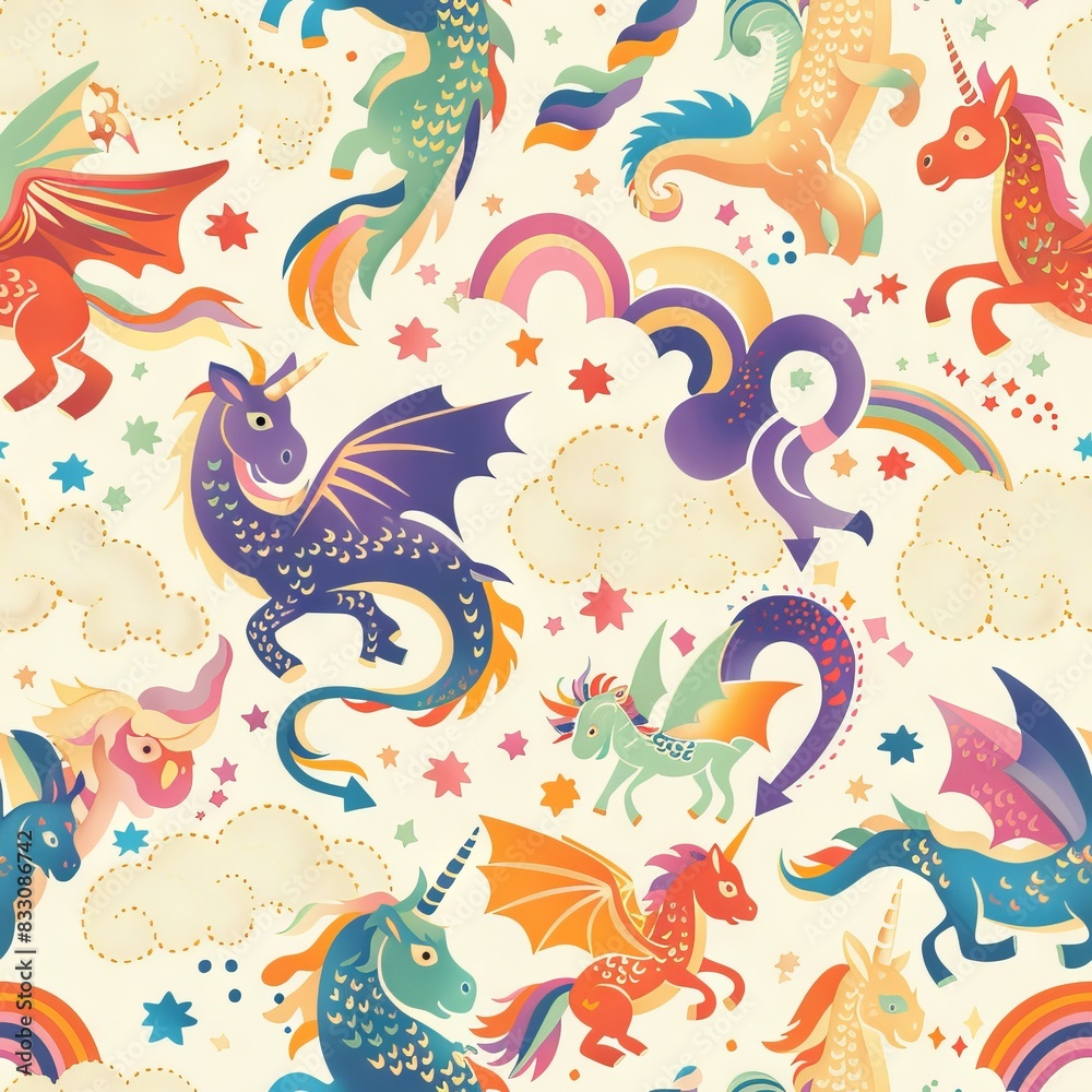 seamless pattern of friendly dragons, unicorns, and griffins seamless pattern of friendly dragons, unicorns, and griffins