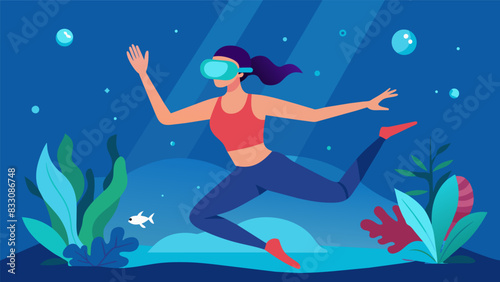 Dive into a unique blend of fitness and relaxation with an underwater VR workout.. Vector illustration