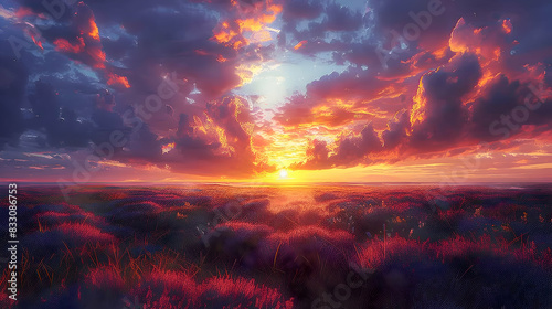 An ultra HD view of a nature moor at sunrise, the sky glowing with vibrant colors and the heather bathed in golden light photo