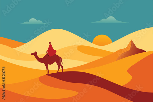 Camel Rider Crossing Vast Desert Hill Arabian Landscape vector illustration