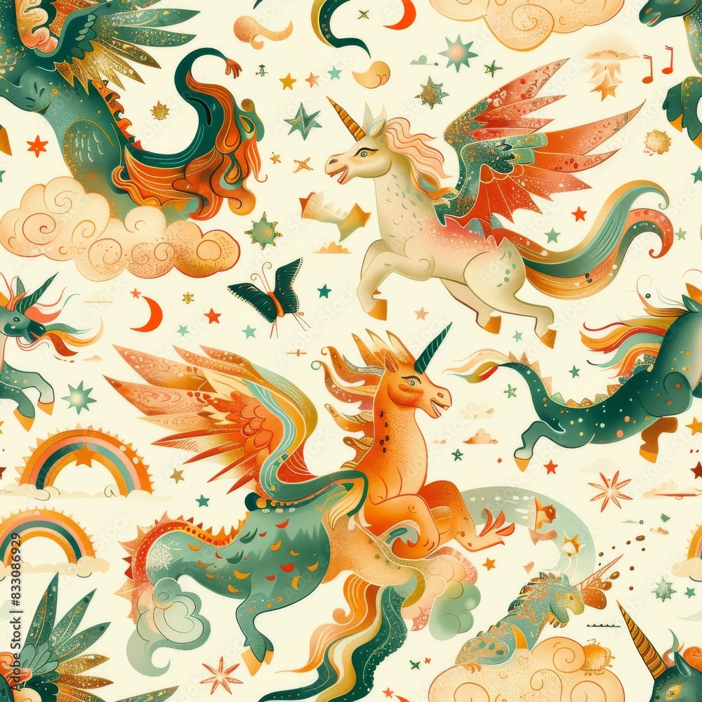 seamless pattern of friendly dragons, unicorns, and griffins seamless pattern of friendly dragons, unicorns, and griffins