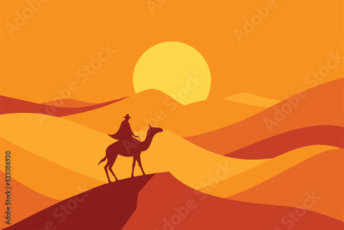 Camel Rider Crossing Vast Desert Hill Arabian Landscape vector illustration