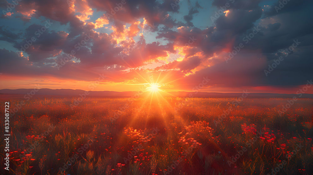 An ultra HD view of a nature steppe at sunrise, the sky glowing with vibrant colors and the grasses bathed in golden light An ultra HD view of a nature steppe at sunrise, the sky glowing with vibrant colors and the grasses bathed in golden light