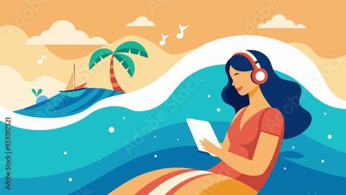 The rhythmic crashing of the waves served as a soothing soundtrack to her introspective writing session on the tranquil beach.. Vector illustration