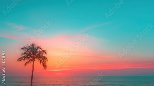 Solitary palm tree standing against a serene beach backdrop during a vibrant sunset with a blend of warm and cool colors creating a tranquil atmosphere