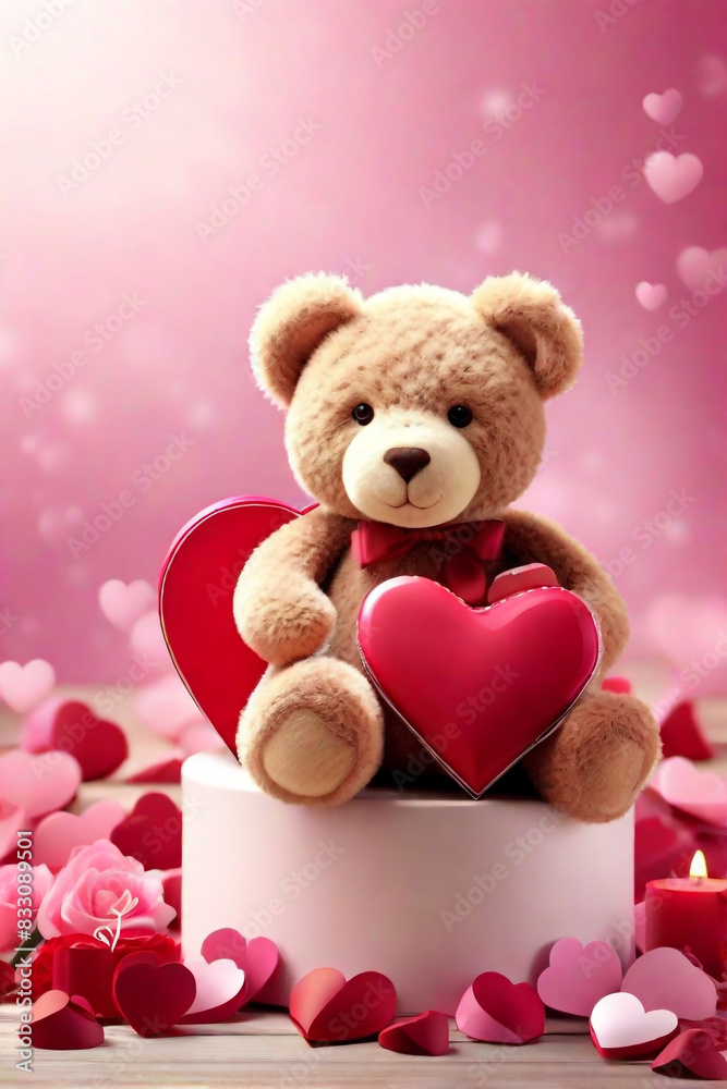 A romantic valentine's background with a teddy bear holding a heart symbol concept by teddy day A romantic valentine's background with a teddy bear holding a heart symbol concept by teddy day