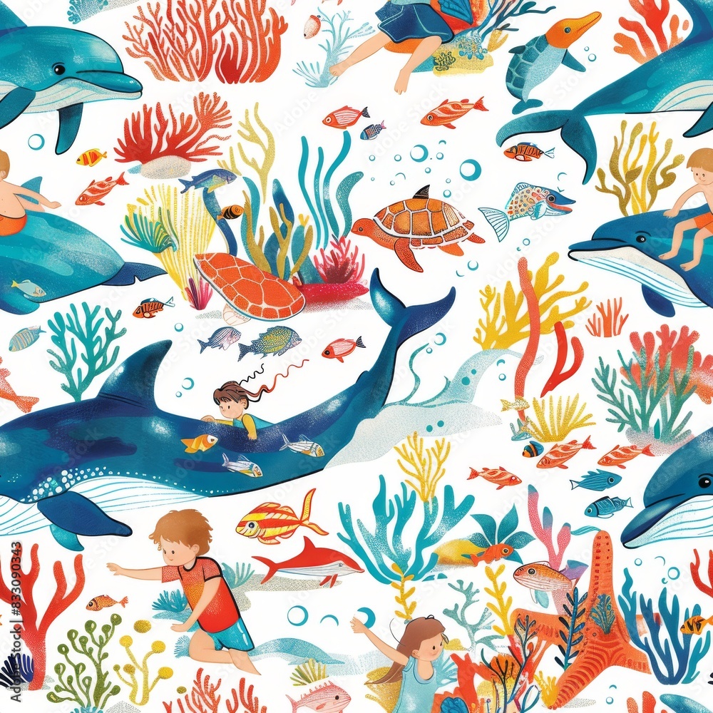 Fototapeta premium seamless pattern of children swimming with friendly sea creatures in a vibrant coral reef