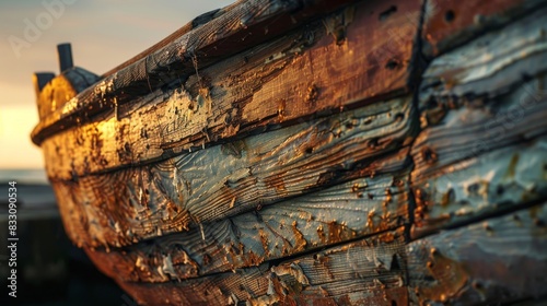 Close-up of a weathered wooden boat, showing the texture of the wood and the effects of time and the elements. photo