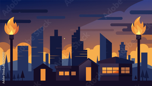 The night sky over the cityscape dotted with the warm glow of gaspowered streetlights a testament to the reliability and sustainability of natural gas. Vector illustration