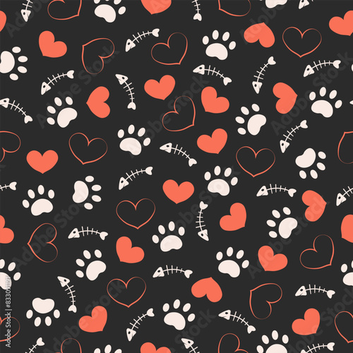 Paw animal print silhouettes. Seamless pattern with paws