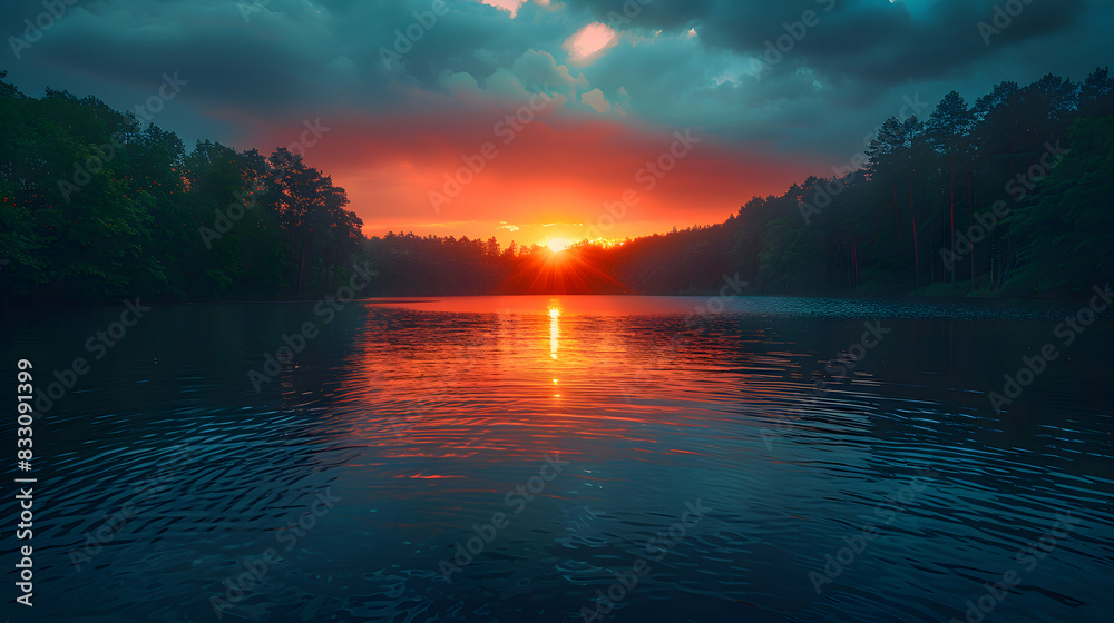 An ultra HD view of a nature lake at sunrise, the sky and water glowing with vibrant colors