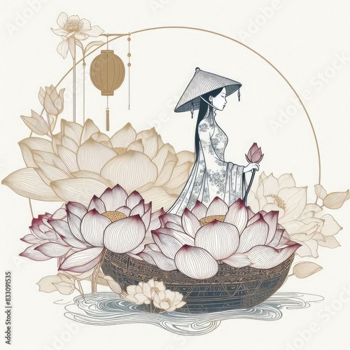 Vietnamese beauty elegant Figure Amidst a Floral Fantasy with Generative AI. photo