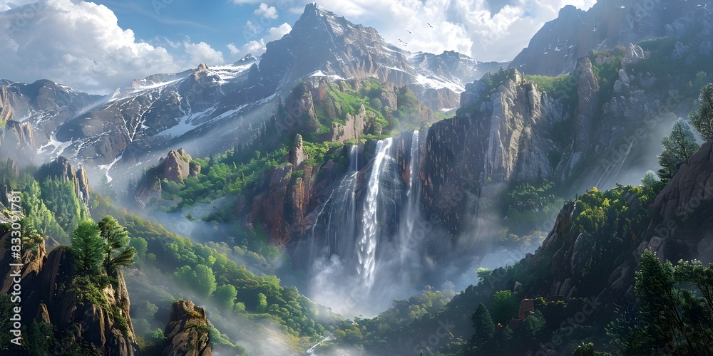 Majestic Waterfall Cascading Down Dramatic Mountain Cliffs in Scenic Lush Green Valley Landscape Majestic Waterfall Cascading Down Dramatic Mountain Cliffs in Scenic Lush Green Valley Landscape