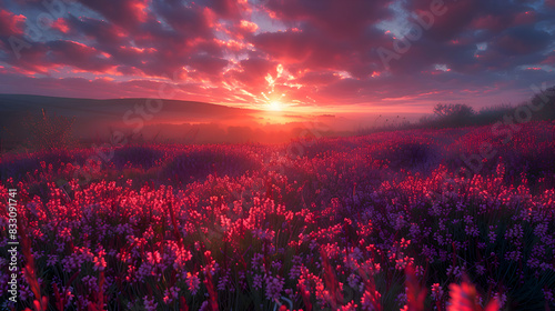 An ultra HD view of a nature moor at sunrise, the sky glowing with vibrant colors and the heather bathed in golden light