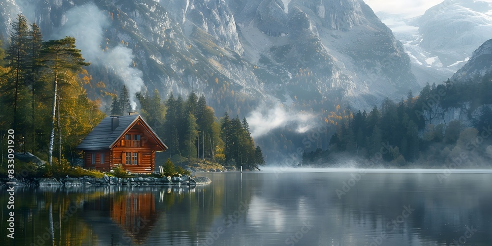 Fototapeta premium Serene Mountain Cabin by Tranquil Lake with Billowing Smoke and Peaceful Fall Scenery